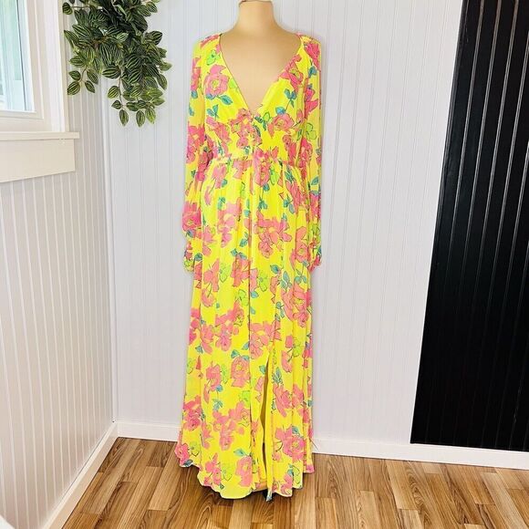 ASOS Design Sz 8 UK12 Soft Shirred Waist Open Back Maxi Dress Yellow Pink Floral - Picture 2 of 16